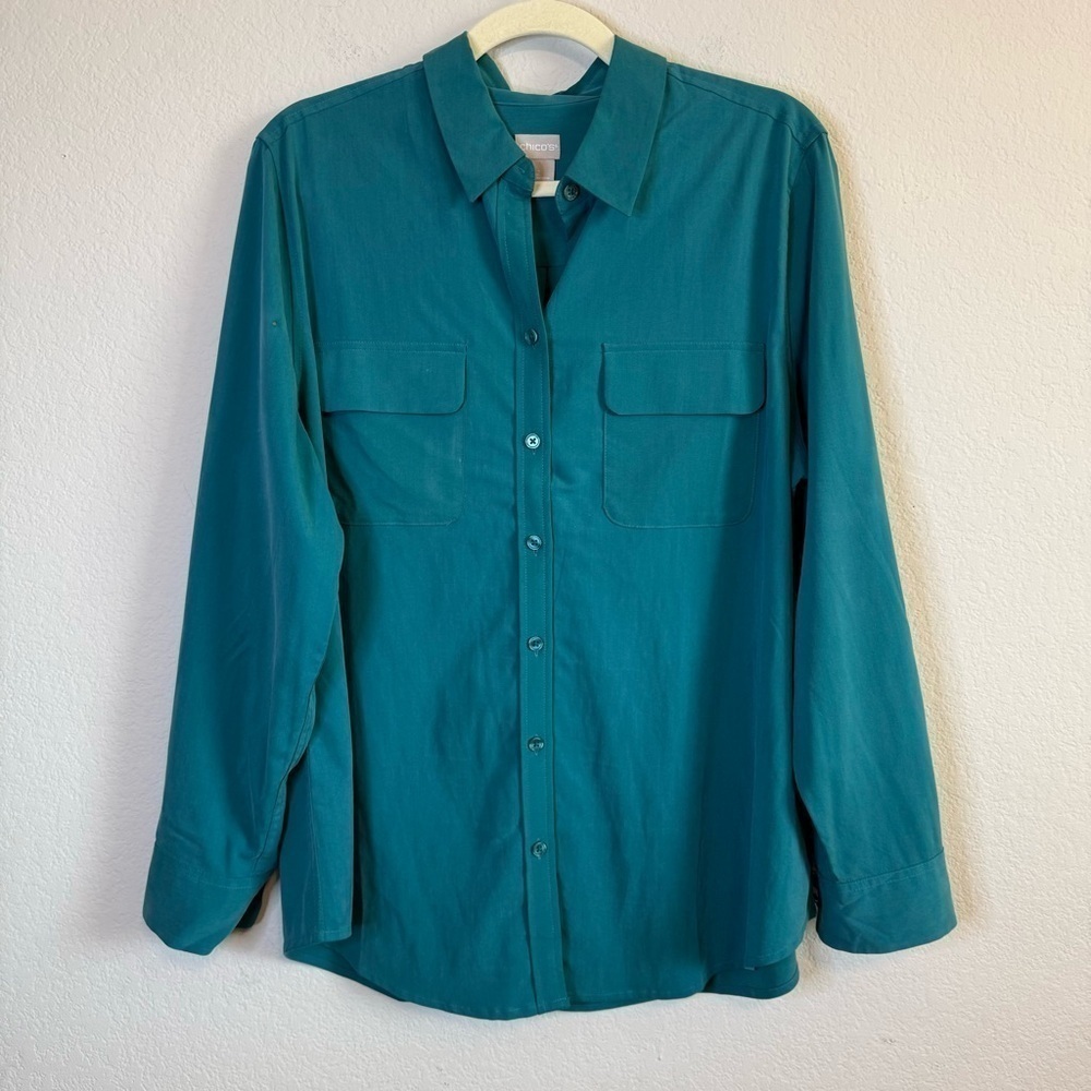 Chicos Jewel Tone Green Button Front Long Sleeve Blouse Top with Pockets Sz LG